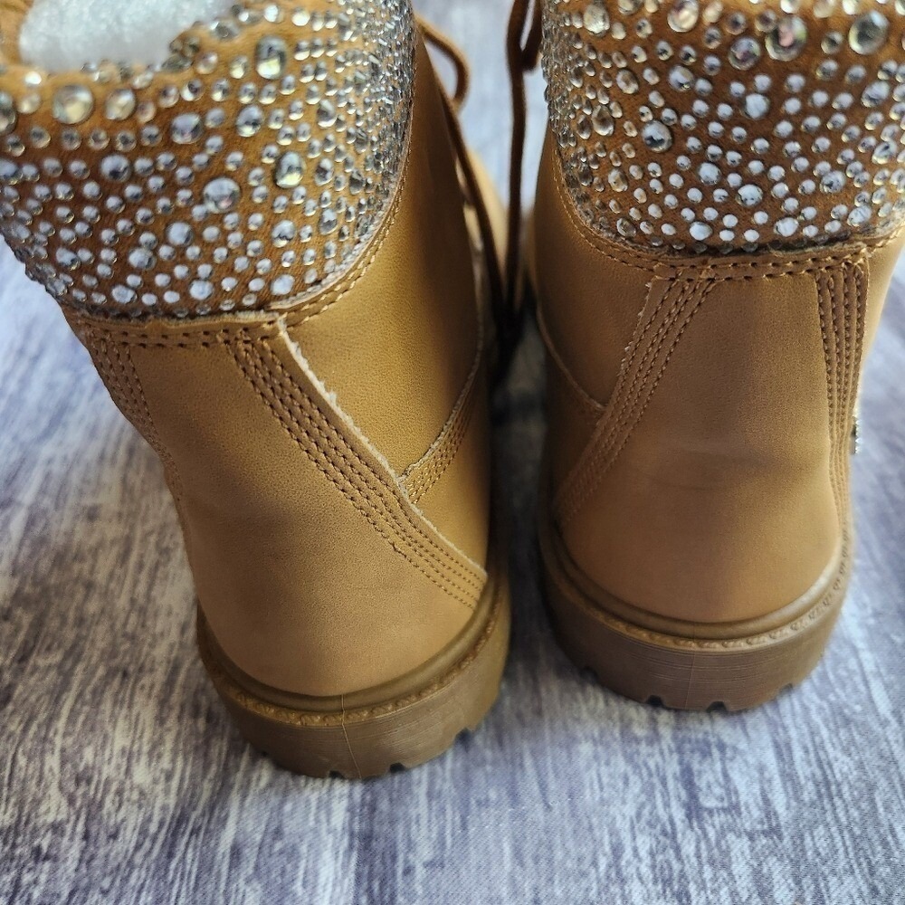 Bebe Tan Combat Boots Rhinestone Embellished Lace Up Ankle Boots Size 8.5 - Picture 7 of 12